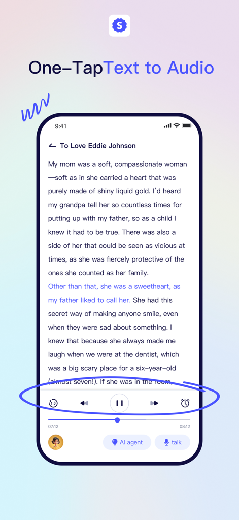 iSpeech — Hear More. Know More - Tela de smartphone mostrando o aplicativo iSpeech convertendo um documento de texto em uma trilha de áudio com som natural e controles de reprodução.