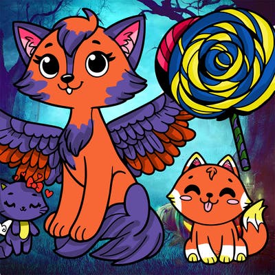 adorable winged fox,cat and wolf with large candy
