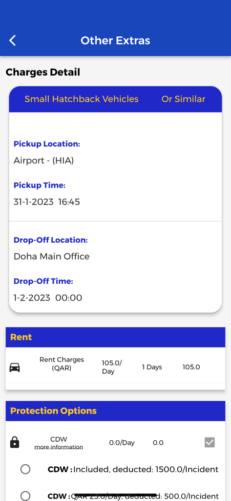 A car rental booking summary screen showing pickup details rental charges and protection options