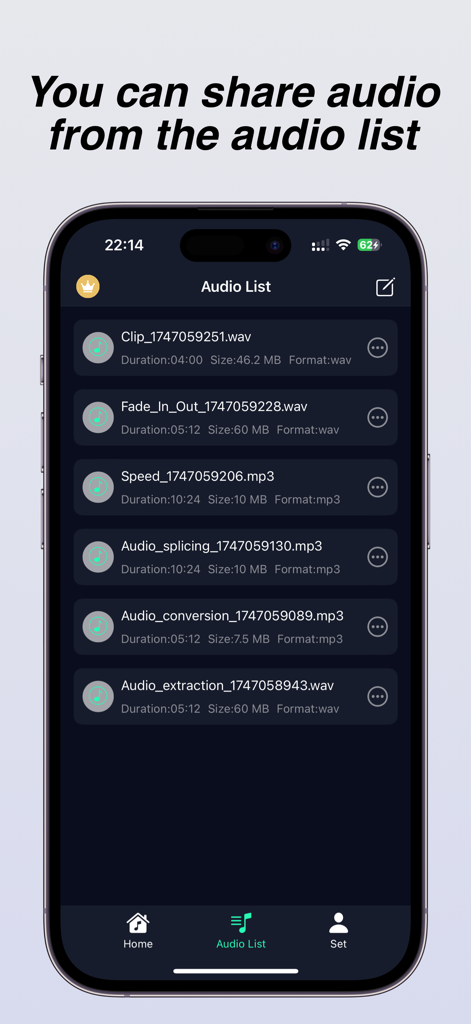 Mobile app interface showing a list of processed audio files like extraction and splicing for sharing