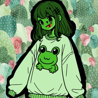 girl wearing frogging sweatshirt