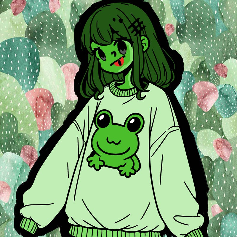 girl wearing frogging sweatshirt