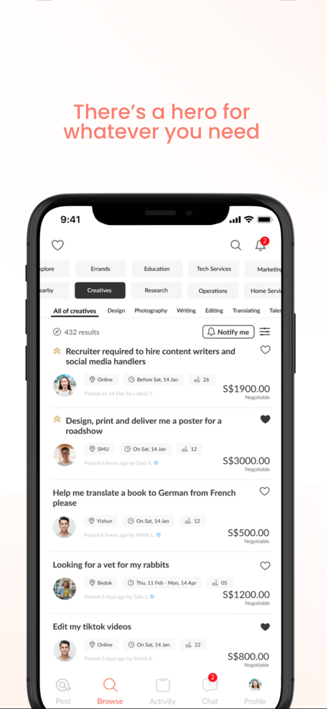 Quest mobile app interface showing a list of available quests for hire in the creatives category including design and translation services