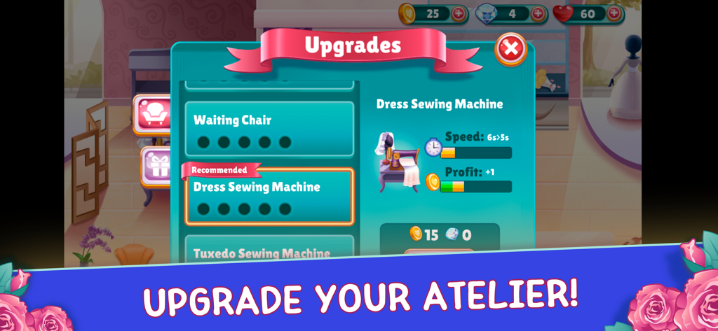 Wedding Dash: Dress-Up Games - In-game menu screen showing upgrades for the bridal atelier including a dress sewing machine and waiting chairs.