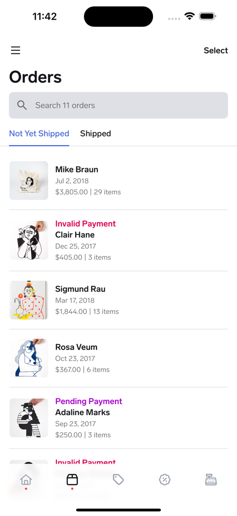 Big Cartelアプリの画面。インディーズECストアの顧客注文リスト（名前、日付、価格などの詳細を表示）