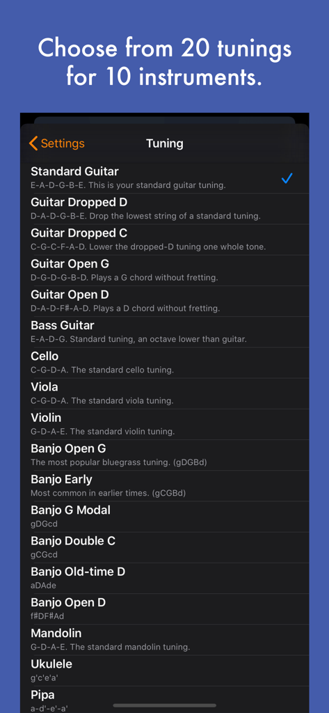 A list of instrument tuning options in the Tuna Pitch app showing presets for guitar, cello, violin, and banjo.