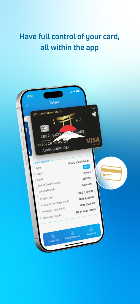 JTR Mobile - JTR Mobile 앱 인터페이스, Visa 신용카드 세부 정보 및 설정 관리용