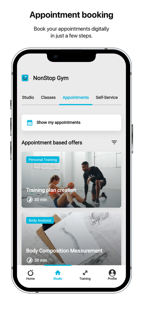 NonStop Gym - Schermata mobile dell'app NonStop Gym che mostra la prenotazione digitale di appuntamenti per sessioni di personal training e analisi corporea.