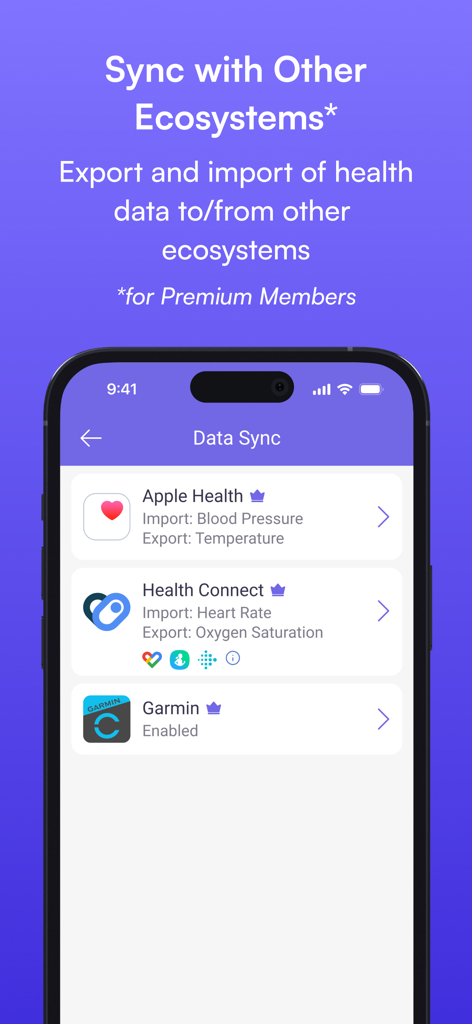MedM app screen showing data sync options with Apple Health and Garmin ecosystems