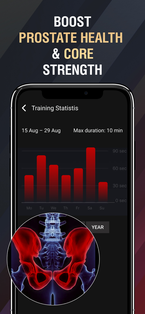 KegelUp: Men's Health App - KegelUp app training statistics screen showing exercise progress charts and pelvic anatomy