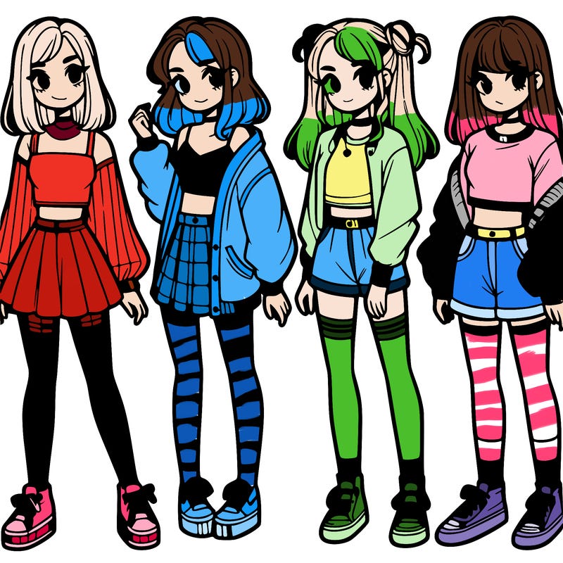 one girl with crop-top shirt and a jacket with a skirt, long socks and another girl with a shirt and pants with a jacket
