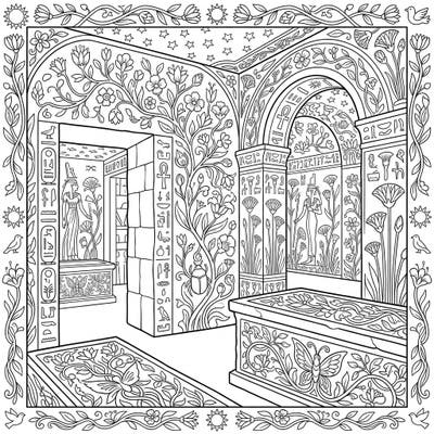 Step into a unique blend of history and nature with this captivating coloring page featuring ancient Egyptian burial chambers. Adorned with intricate springtime floral motifs, it offers a refreshing take on historical artistry.