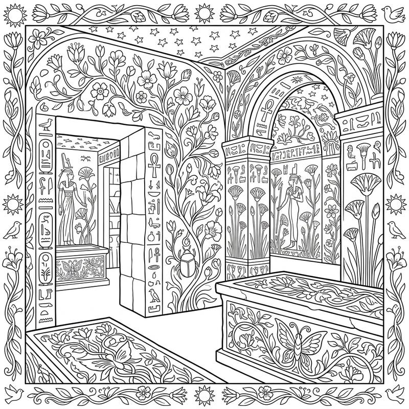 Step into a unique blend of history and nature with this captivating coloring page featuring ancient Egyptian burial chambers. Adorned with intricate springtime floral motifs, it offers a refreshing take on historical artistry.