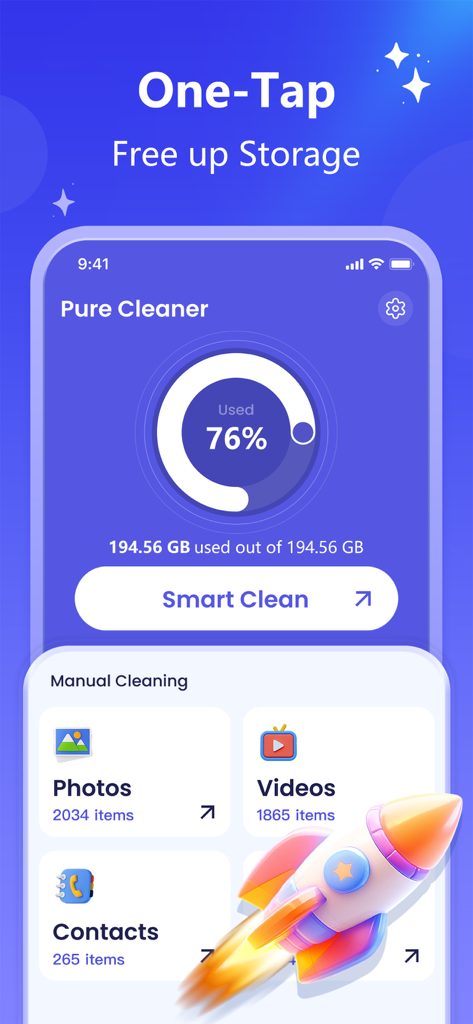 Pure Cleaner app dashboard with smart clean button and storage status