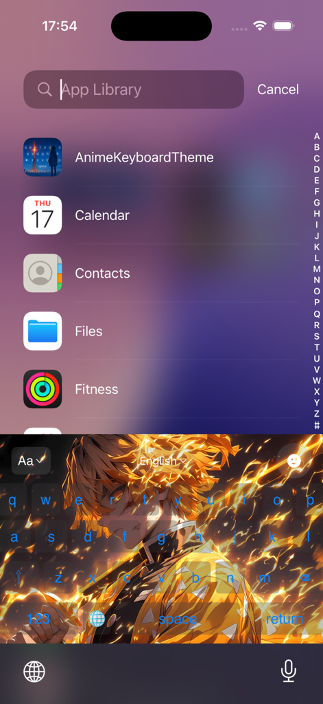 Anime Keyboard Theme - An iPhone screenshot showcasing a custom anime keyboard theme with a character background and stylized blue lettering