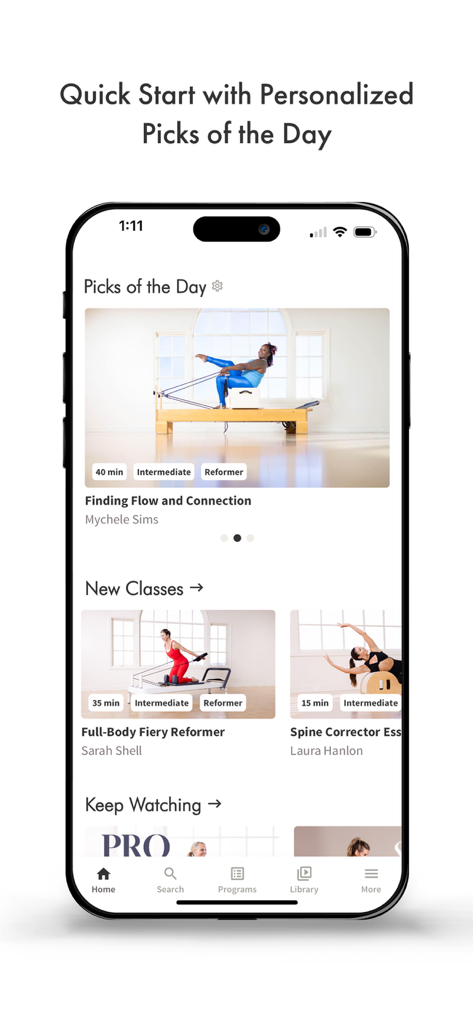 Pilates Anytime app home screen showing personalized daily workout recommendations