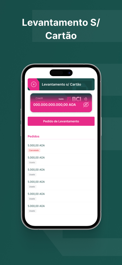 BCI MOBILE app interface showing the cardless withdrawal feature with a list of recent transaction requests and their status.