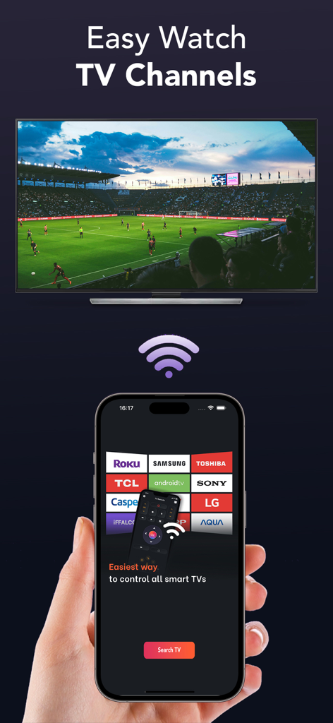 TV Remote: Universal Control S - A hand holding an iPhone displaying the Universal TV Remote app interface with various compatible smart TV brands.