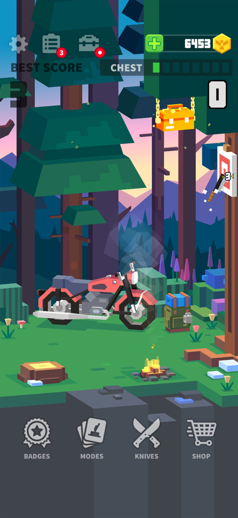 Pantalla del juego móvil Flippy Knife que muestra un cuchillo golpeando un objetivo en un campamento forestal