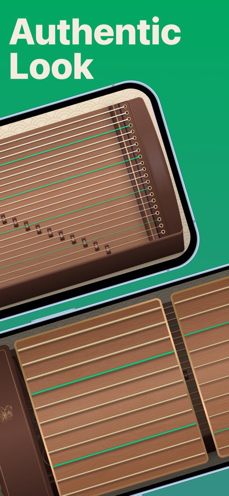 古筝 - Guzheng Go: Pro Simulator - A high-fidelity virtual Guzheng interface with realistic wooden texture and silk strings.