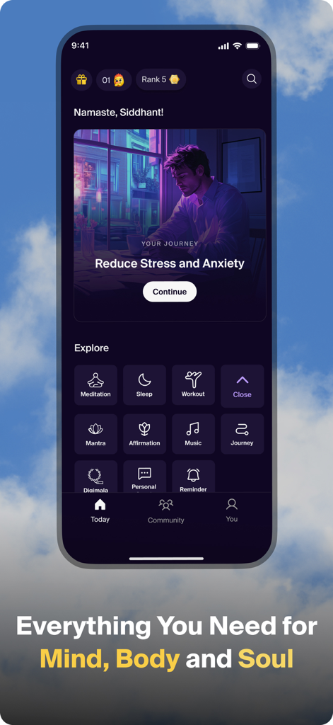 Home screen of the Level wellness app featuring meditation sleep and workout modules for stress reduction