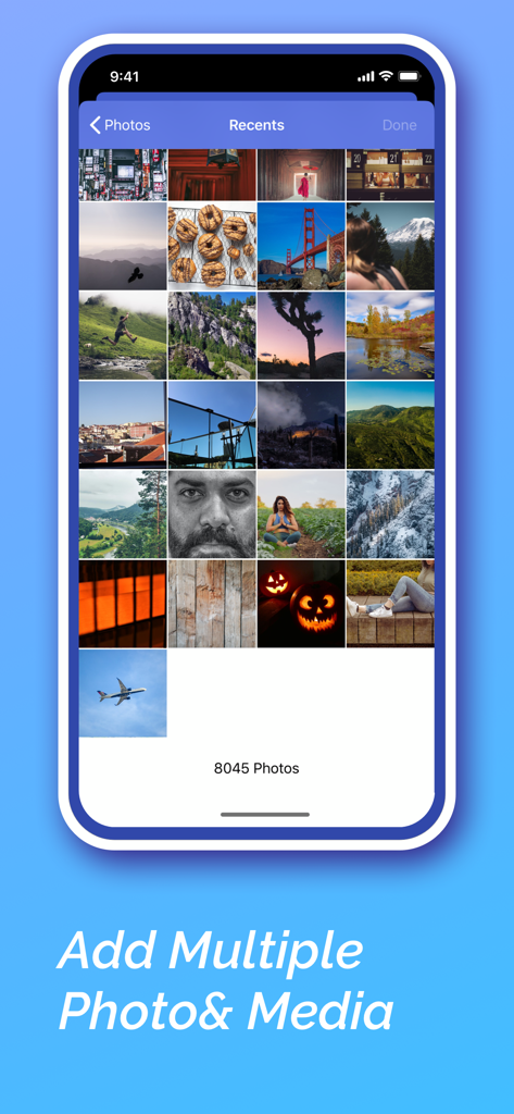 Una interfaz móvil de la aplicación Diaro que muestra una cuadrícula de fotos para agregar a las entradas del diario