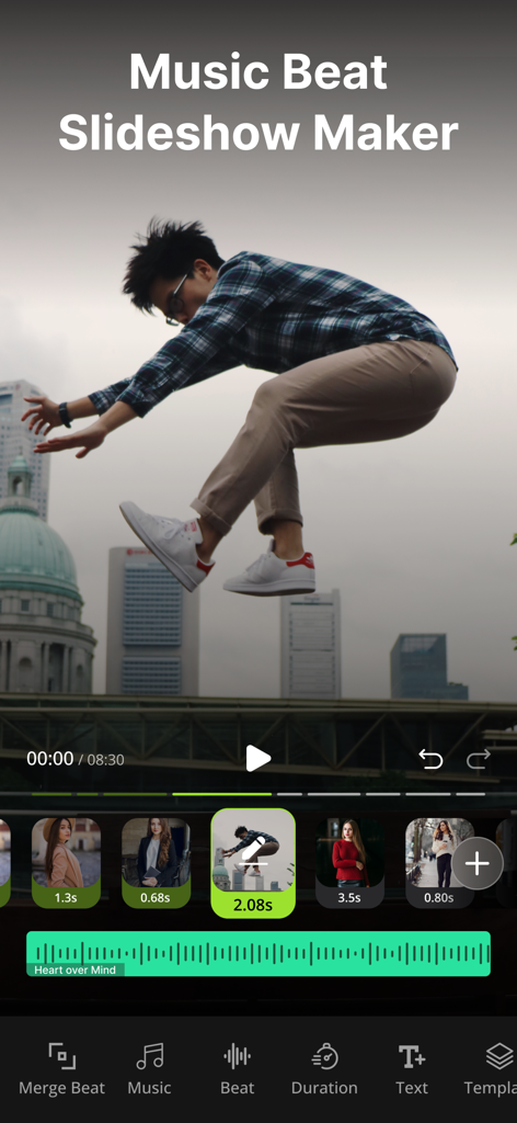 Interface of BeatMix app featuring a music beat slideshow maker and video editing tools