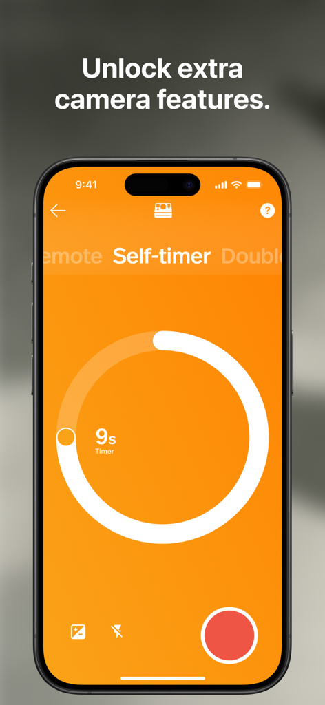 iPhone screen showing the Polaroid app self-timer feature with a 9 second countdown on an orange background.