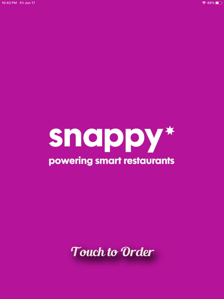 Snappy POS Kiosk welcome screen with touch to order message on a purple background