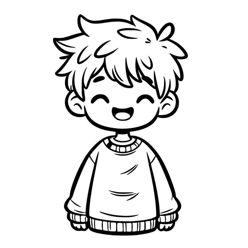 boy with messy short hair and wearing a oversized sweatshirt happy