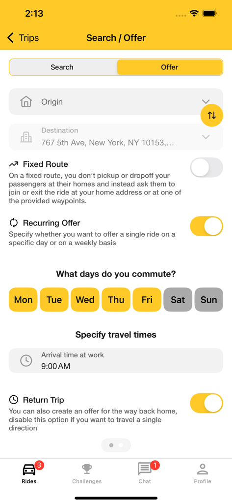 RideBee - RideBee interface for scheduling a recurring carpool ride offer