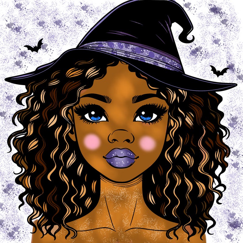 realistic black girl with wavy hair and witch hat and nose and lips