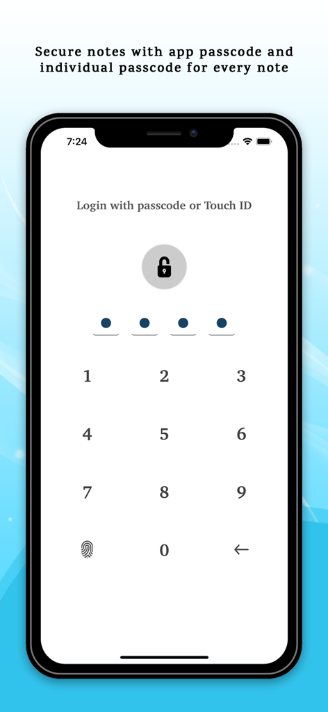 Pantalla de bloqueo de código de acceso para la aplicación Notepad Plus Pro que muestra un teclado numérico e inicio de sesión con Touch ID