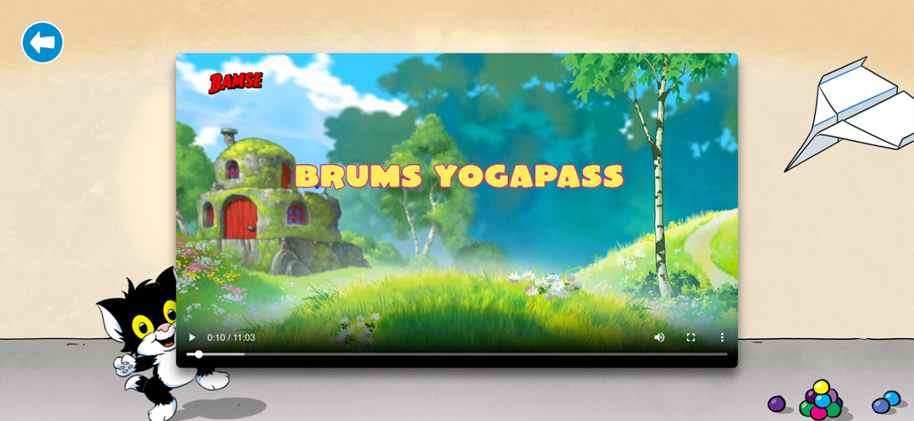Bamses Skattkista - A screen from Bamses Skattkista app showing a children yoga session video titled Brums Yogapass.