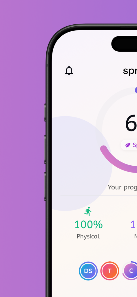 Spring for more healthy years - Spring app interface showing physical health progress
