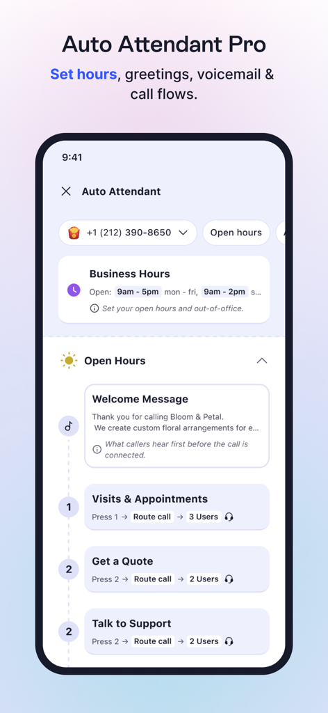 Interface of the LinkedPhone app showing Auto Attendant settings for business hours and call routing