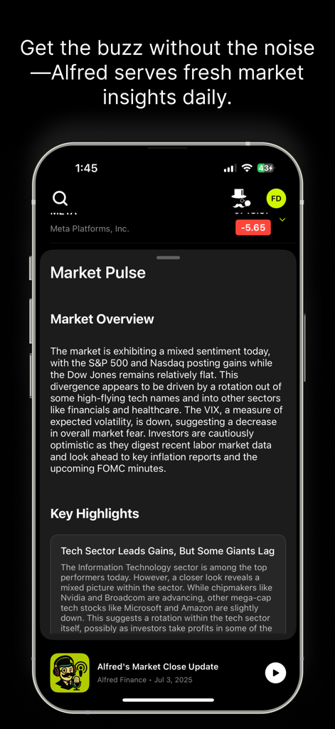 Alfred -Stock Market & Trading - A mobile app screen for Alfred showing a daily market pulse overview with AI-generated stock market insights and an integrated podcast player.