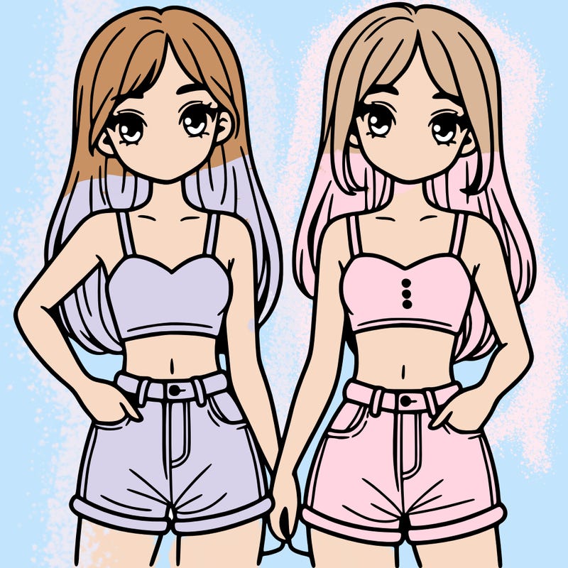 two sisters with crop tops and jean shorts and straight hair
