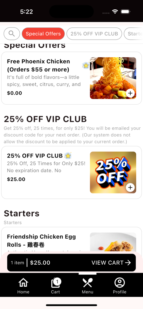 Friendship Restaurant - Interfaccia dell'app mobile di Friendship Restaurant che mostra offerte speciali e opzioni di sconto per il VIP club