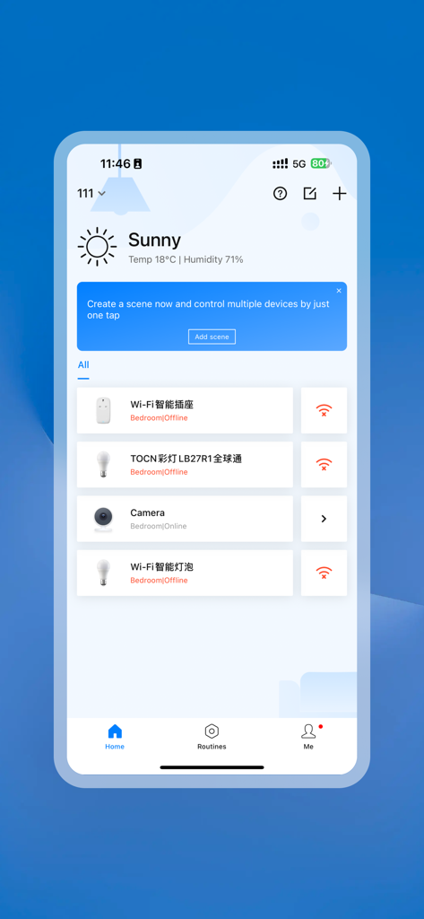 Tela inicial do aplicativo BroadLink mostrando informações meteorológicas e o status de dispositivos de casa inteligente, como câmeras e lâmpadas