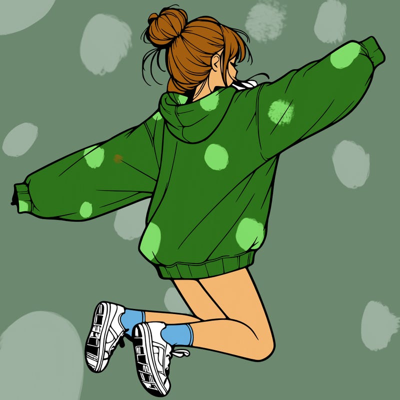 realistic girl jumping with a bun and oversized sweatshirt