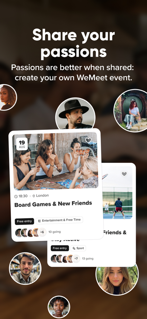A mobile app screen titled Share your passions showing cards for local social events like board games.