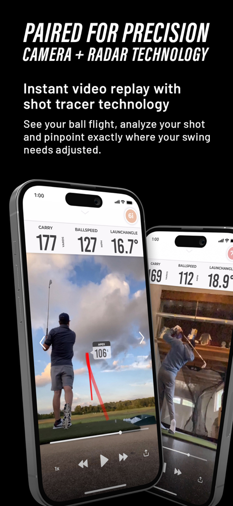 Aplicativo Rapsodo MLM exibindo vídeo de swing de golfe com rastreador de tacada e métricas de performance