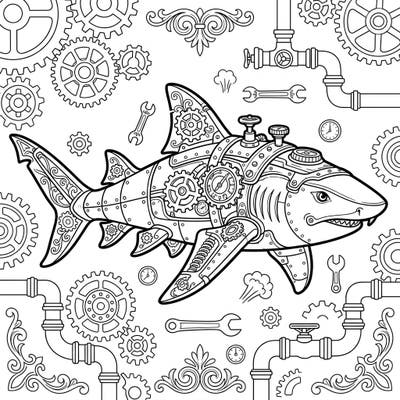 Prepare for an extraordinary coloring journey with this one-of-a-kind Steampunk Nurse Shark design. This detailed illustration merges the fascinating marine world with industrial Victorian aesthetics, offering a truly unique artistic challenge.