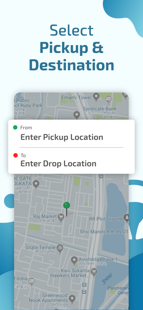 Drivers4Me - Get Car Drivers - Drivers4Me app screen for selecting pickup and destination locations on a map