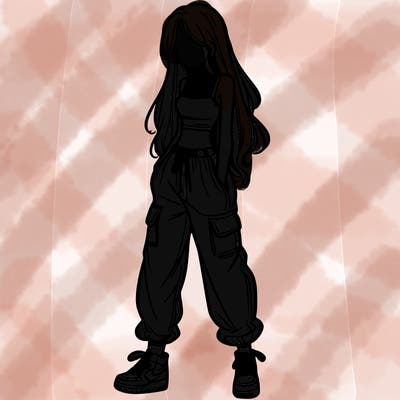 girl in baggy pants crop top and long hair