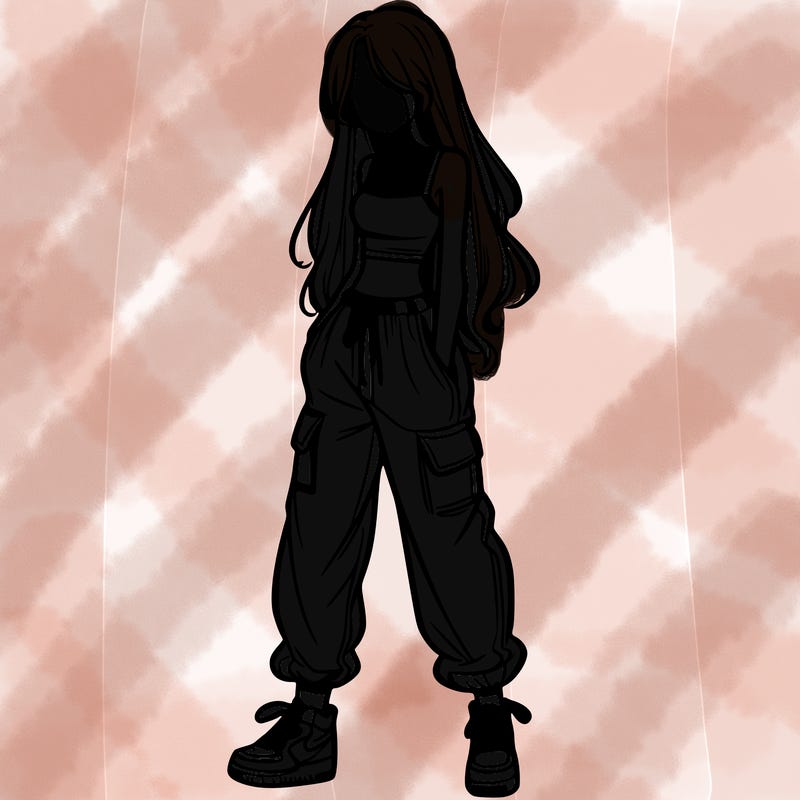 girl in baggy pants crop top and long hair