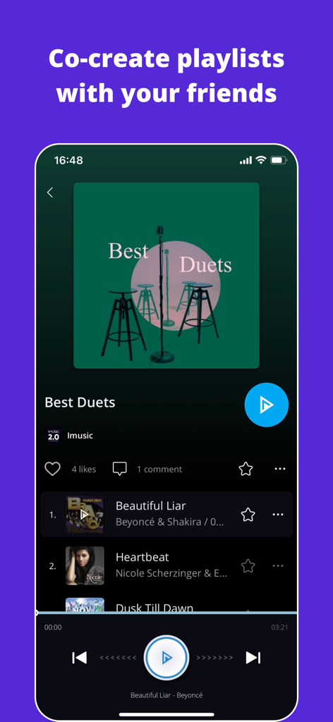 Écran de l'application IMUSIC montrant la fonctionnalité de co-création de playlists avec des amis et une liste de chansons.