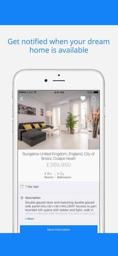 Uno smartphone che mostra un annuncio di una casa unifamiliare sull'app Trovit Homes con un titolo di notifica.