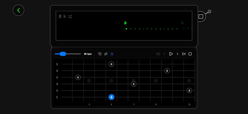 Guitar Machines! - Guitar Machines app interface visualizing the note A across the guitar fretboard with tempo controls